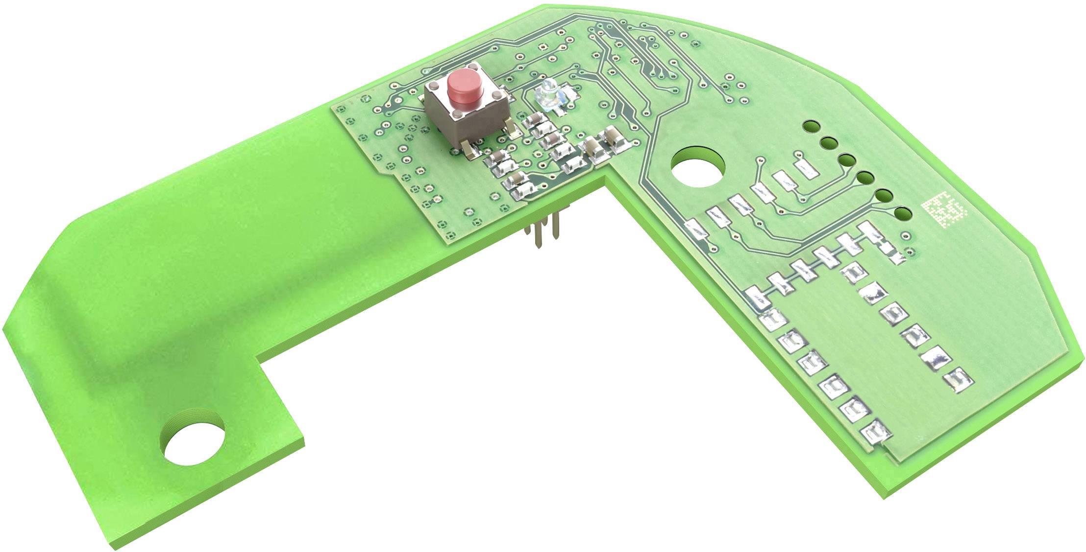 Zöld nyomtatott áramkör piros gombbal és több apró elektronikai alkatrésszel, amely elektromos áramkörök működtetésére szolgál.