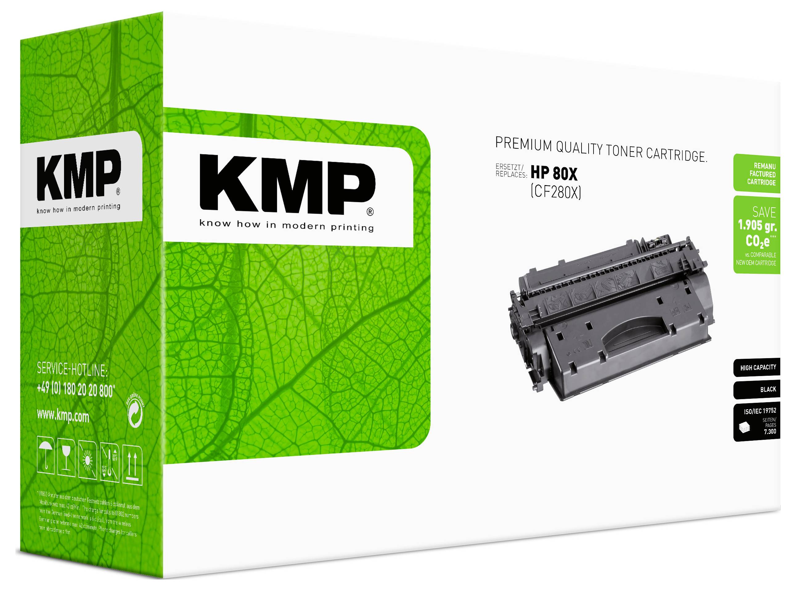 KMP prémium minőségű toner patron doboz HP 80X (CF280X) számára, zöld csomagolással és patron képpel megjelenítve.