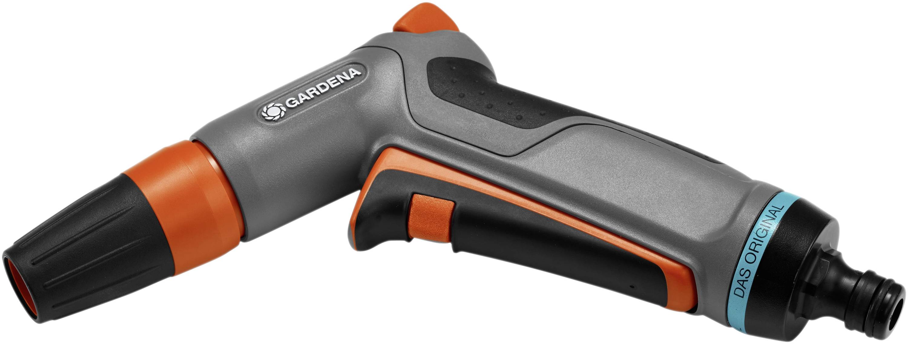 Gardena szürke és narancssárga kerti permetező. A fúvóka fekete, a markolat ergonomikus kialakítású. Címke: 'Az eredeti'.