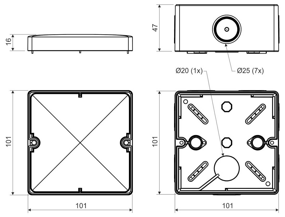 Elektromos csatlakozódoboz technikai rajza; felülnézetből az 101x101 mm-es méretek láthatók, 7 furat, egy 20 mm-es, a többi 25 mm-es. Az oldalnézetből 47 mm-es magasság olvasható le.