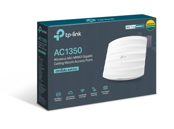 Egy TP-Link AC1350 hozzáférési pont csomagolása. Támogatja a MU-MIMO technológiát, gigabites kapcsolatokat, alkalmas mennyezeti telepítésre vállalati környezetben.