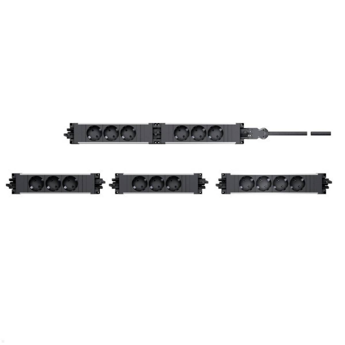 Fekete elosztók, egyenként öt csatlakozási ponttal és be-/kikapcsoló gombbal, központilag és több ponton összekapcsolva.