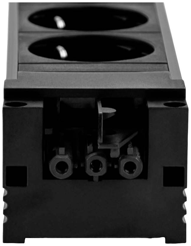 Fekete elosztó két csatlakozóaljzattal, elöl láthatóak a belső csatlakozók és a kábelvezetés.