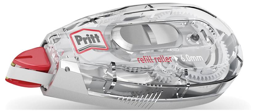 Egy átlátszó Pritt utántöltő roller, látható fogaskerekekkel, '6,0 mm-es utántöltő roller' felirattal, piros felhordó hegyű.