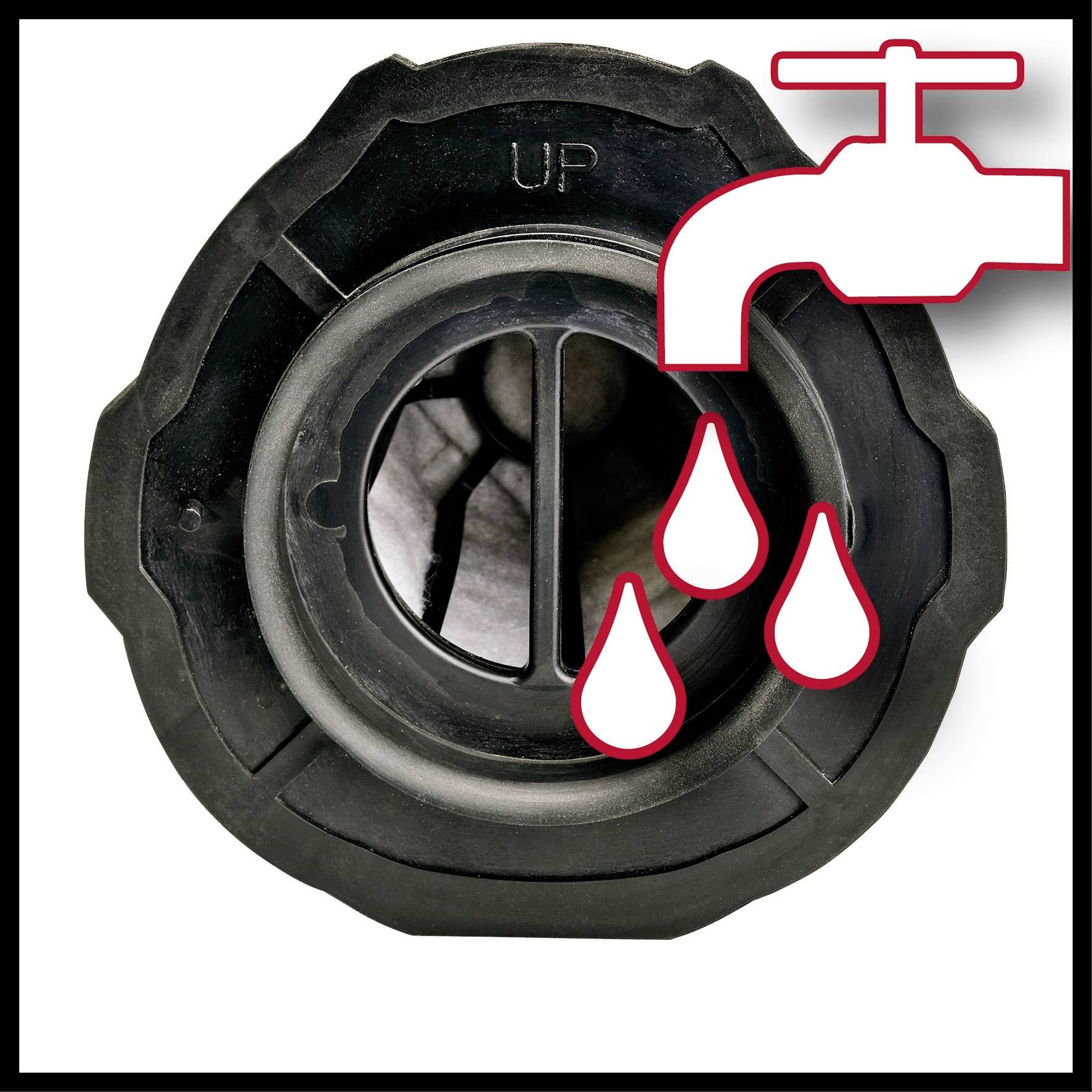 Egy fekete szelep egy 'FEL'-felirattal, és felette egy szimbólum, amelyen egy csapból piros cseppek hullanak.