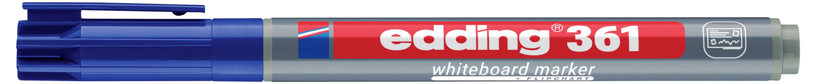 Kék Edding 361 táblajel piros címkével és szürke kupakkal, oldalnézetből ábrázolva.