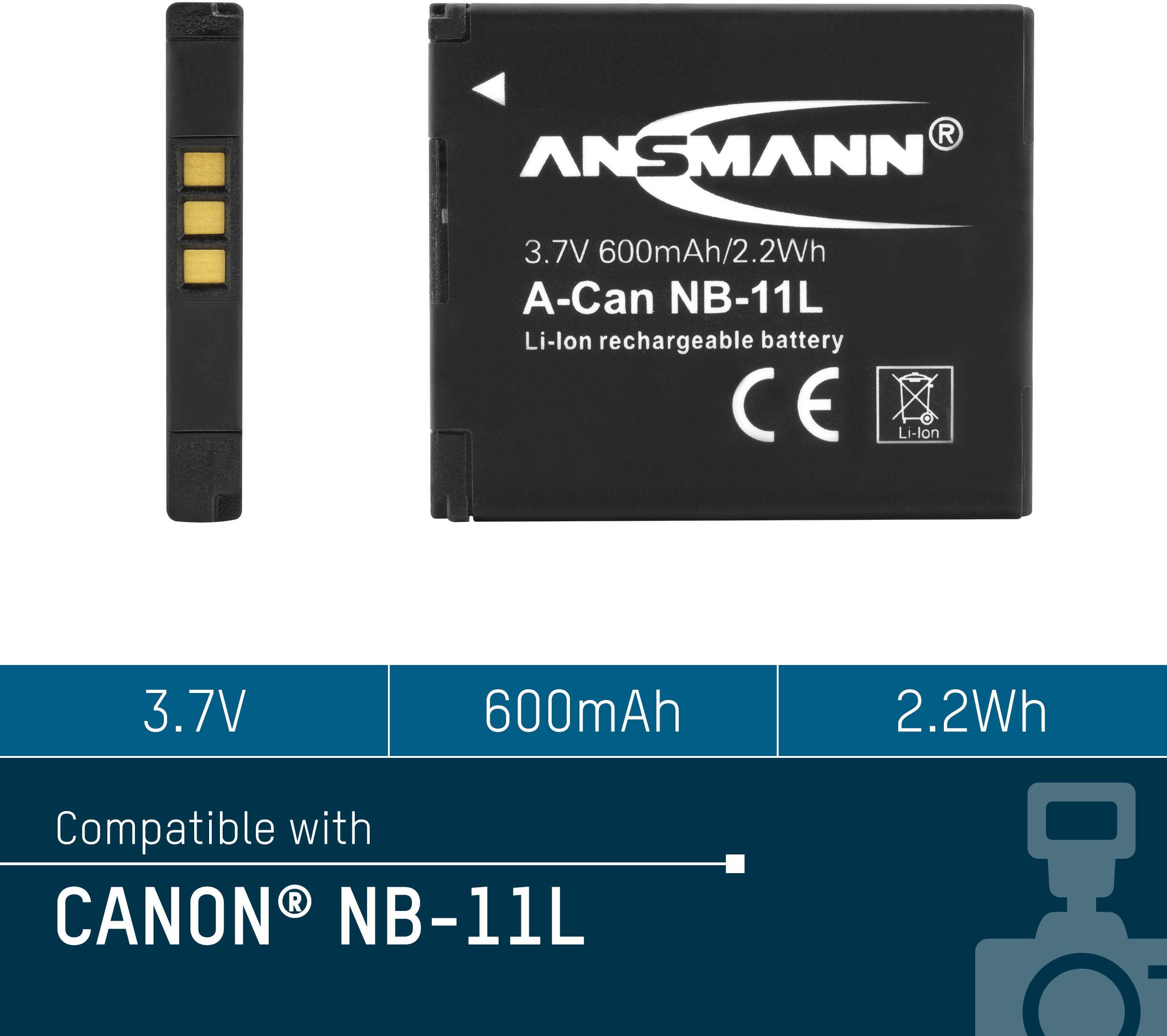 'Ansmann A-Can NB-11L Li-Ion akkumulátor, 3,7V, 600mAh, 2,2Wh. Kompatibilis a Canon NB-11L típussal.'