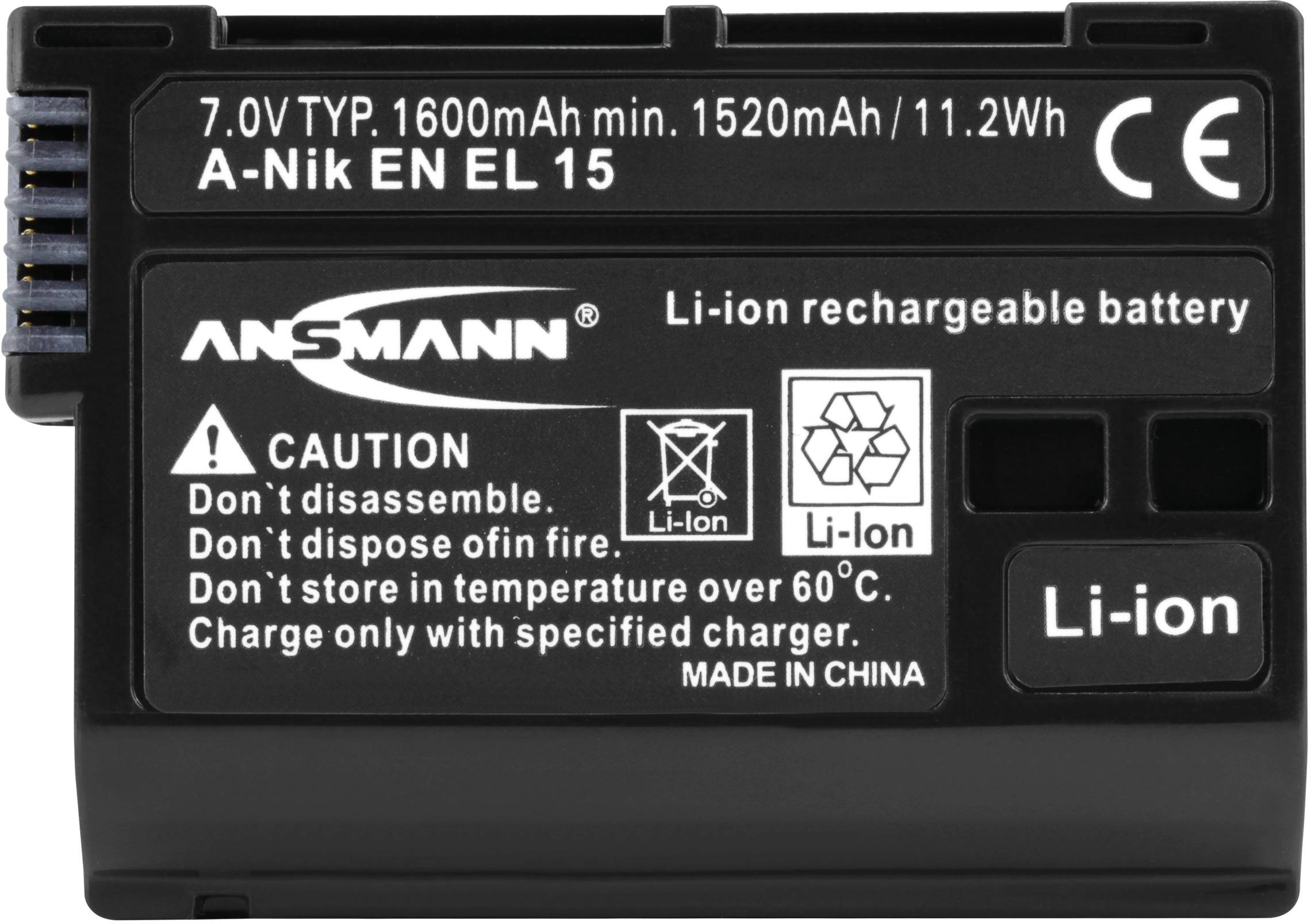 Fekete, újratölthető Li-Ion akkumulátor, 7,0V, 1600mAh, biztonsági figyelmeztetésekkel: nem szabad szétszerelni, tűzbe dobni vagy 60°C fölött tárolni.