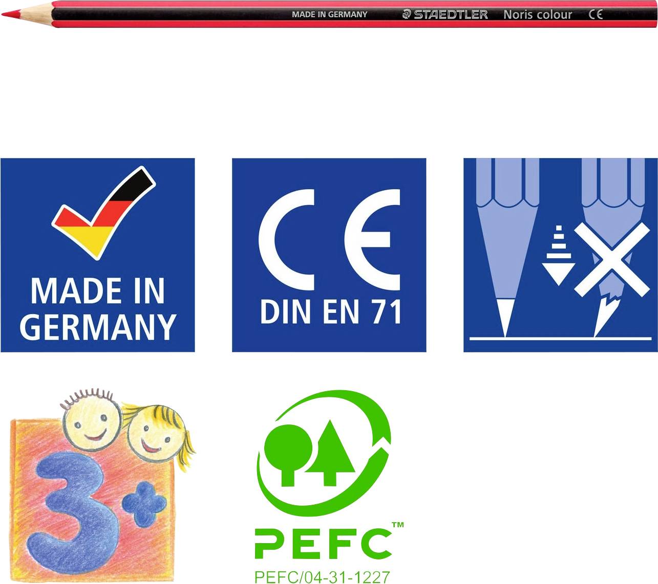 'STAEDTLER Noris colour színes ceruza, Németországban gyártva, CE DIN EN 71 tanúsítvánnyal, 3 éves kor feletti gyermekeknek, környezetbarát PEFC.'