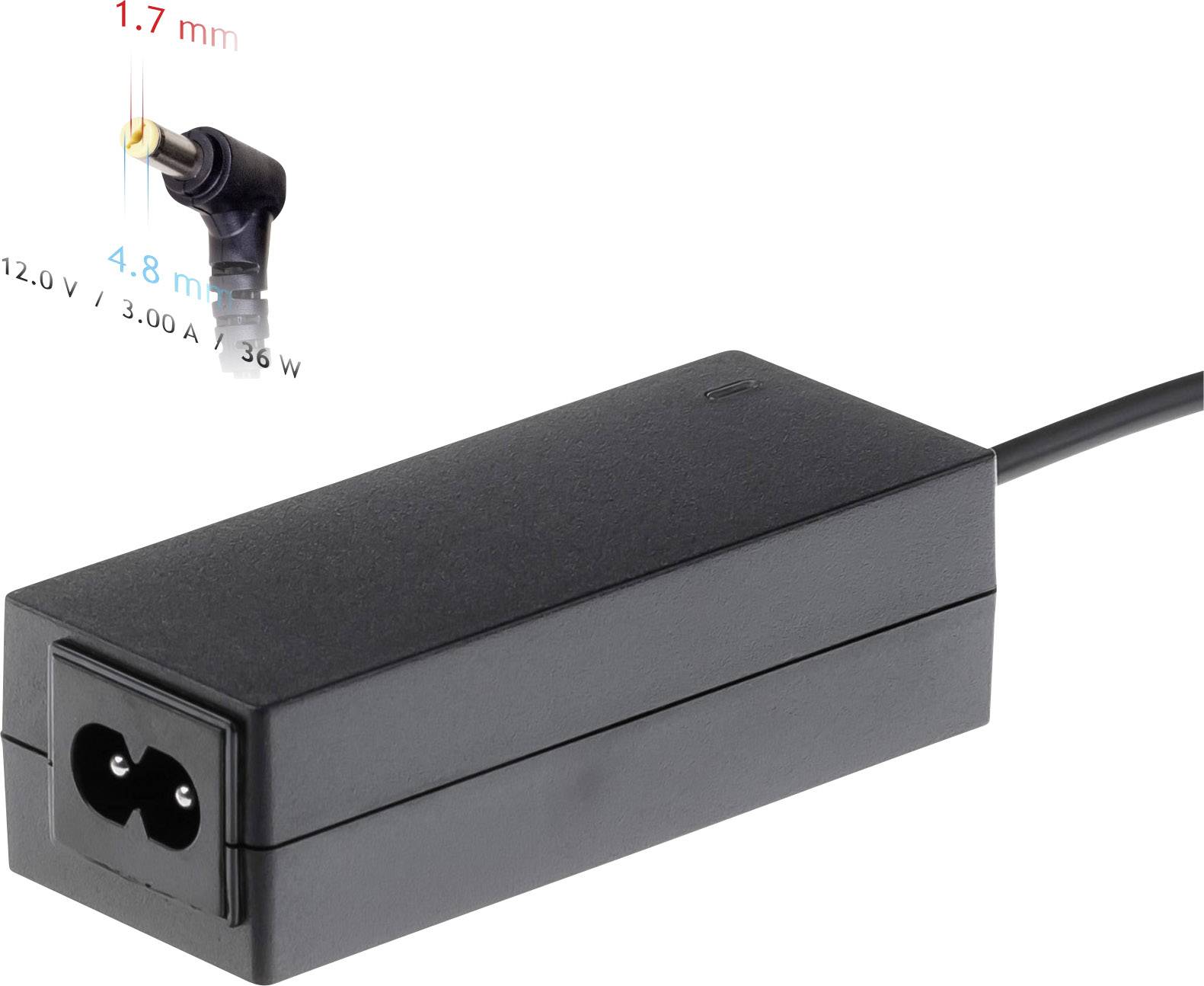 Egy fekete, téglalap alakú tápegység kábellel és csatlakozóval. A csatlakozó 1,7 mm átmérőjű és 4,8 mm hosszúságú.