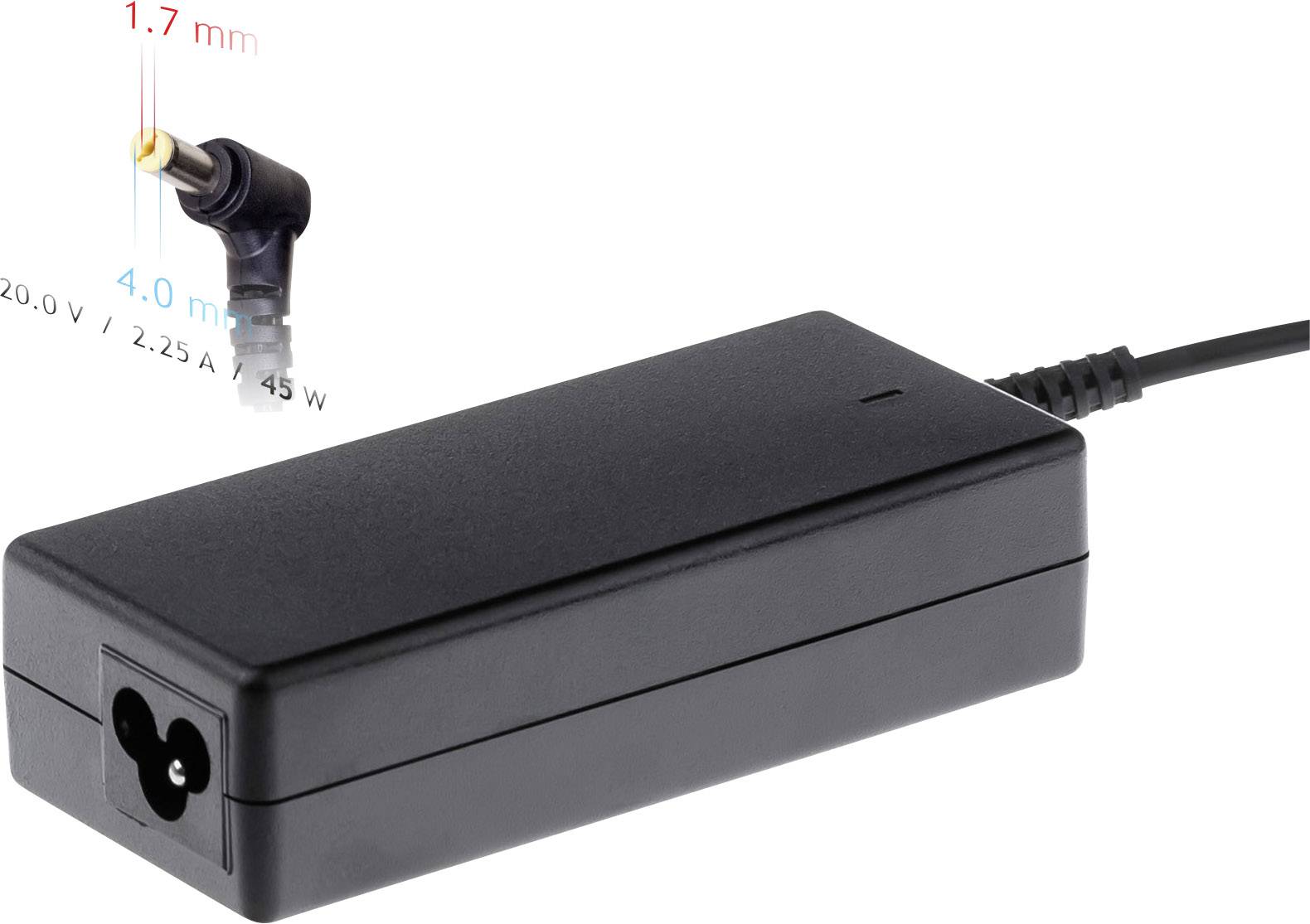 Egy fekete hálózati adapter, amelynek csatlakozója 1,7 mm és 4,0 mm méretű. Kimeneti feszültsége 20,0 V, áramerőssége 2,25 A, teljesítménye 45 W.