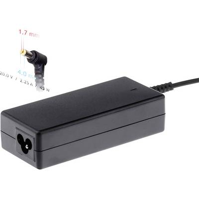 Egy fekete hálózati adapter, amelynek csatlakozója 1,7 mm és 4,0 mm méretű. Kimeneti feszültsége 20,0 V, áramerőssége 2,25 A, teljesítménye 45 W.