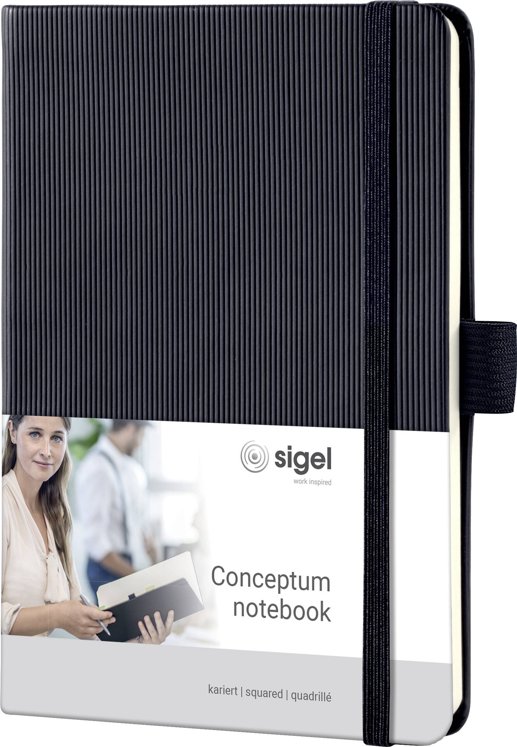 Sigel 'Conceptum notesz' fekete borítóval és gumipánttal. A borítón egy személy képe látható notesszal.