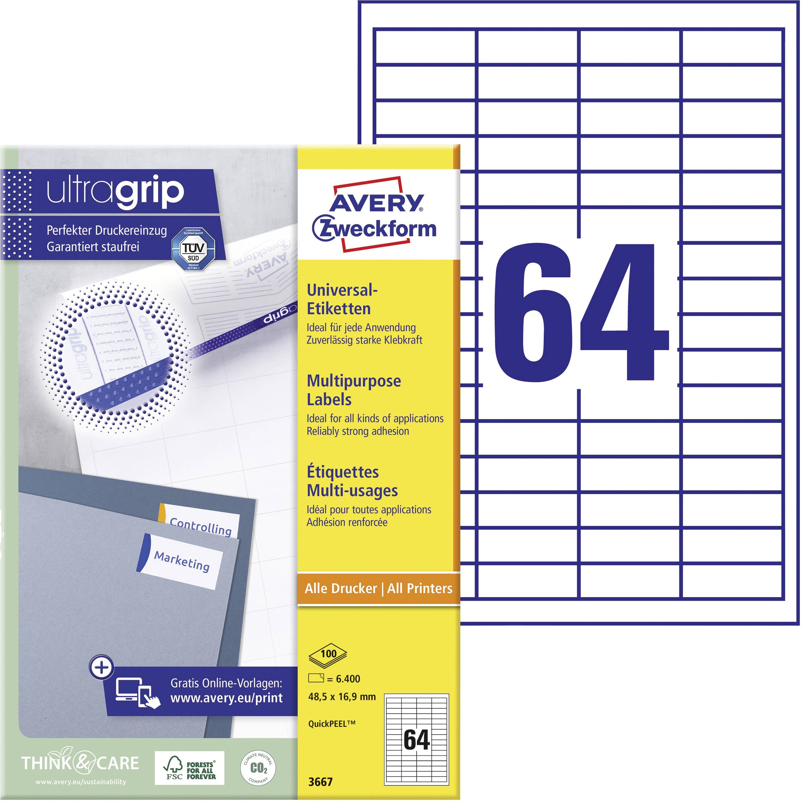 'Avery Zweckform címke: 64 címke ívenként, UltraGrip a precíz nyomtatásért, alkalmas minden nyomtatóhoz, 45,7 x 21,2 mm.'