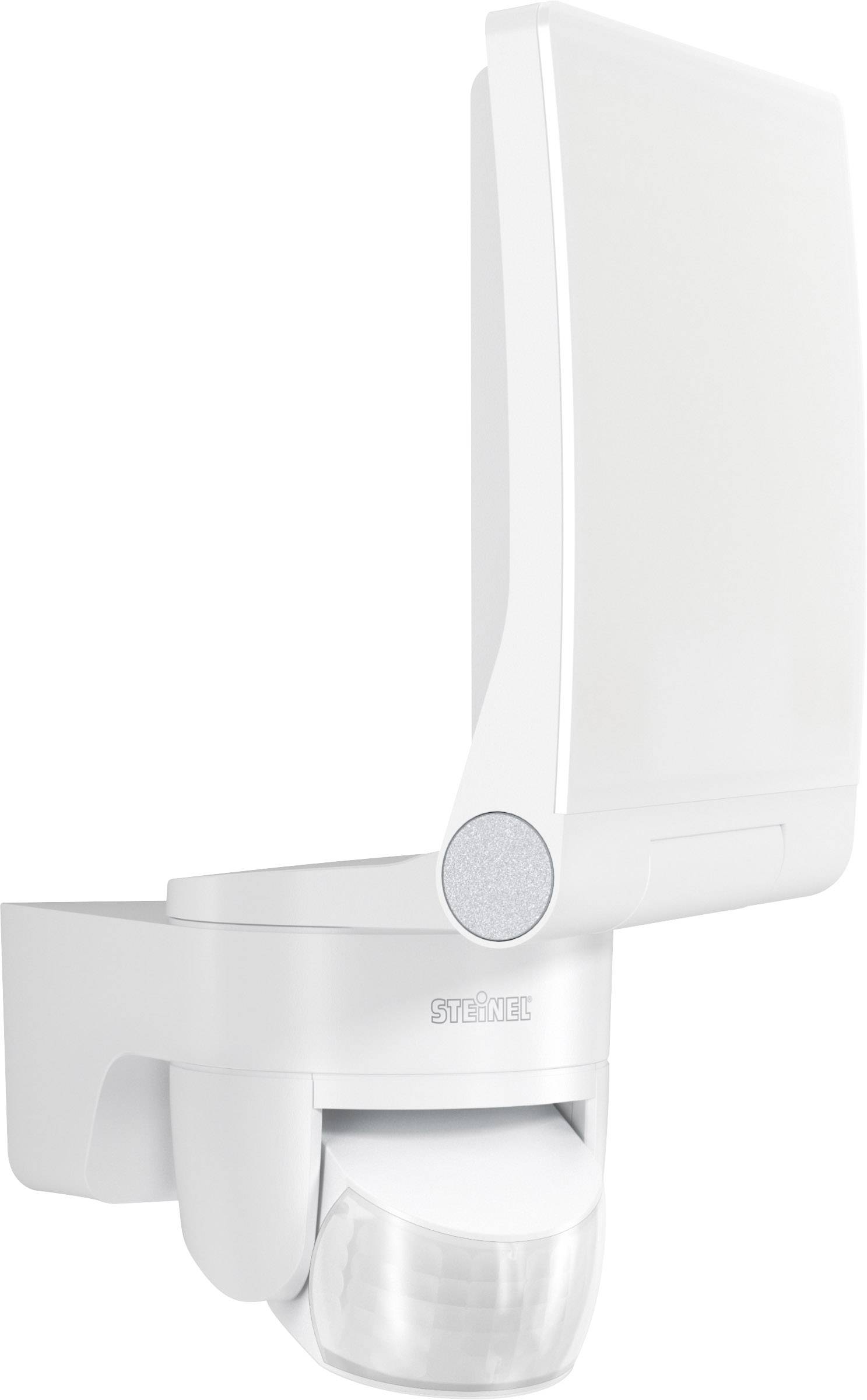 Egy fehér LED-es kültéri lámpa érzékelővel, fali szerelésre alkalmas. Ideális bejáratok vagy felhajtók biztonságos megvilágítására.