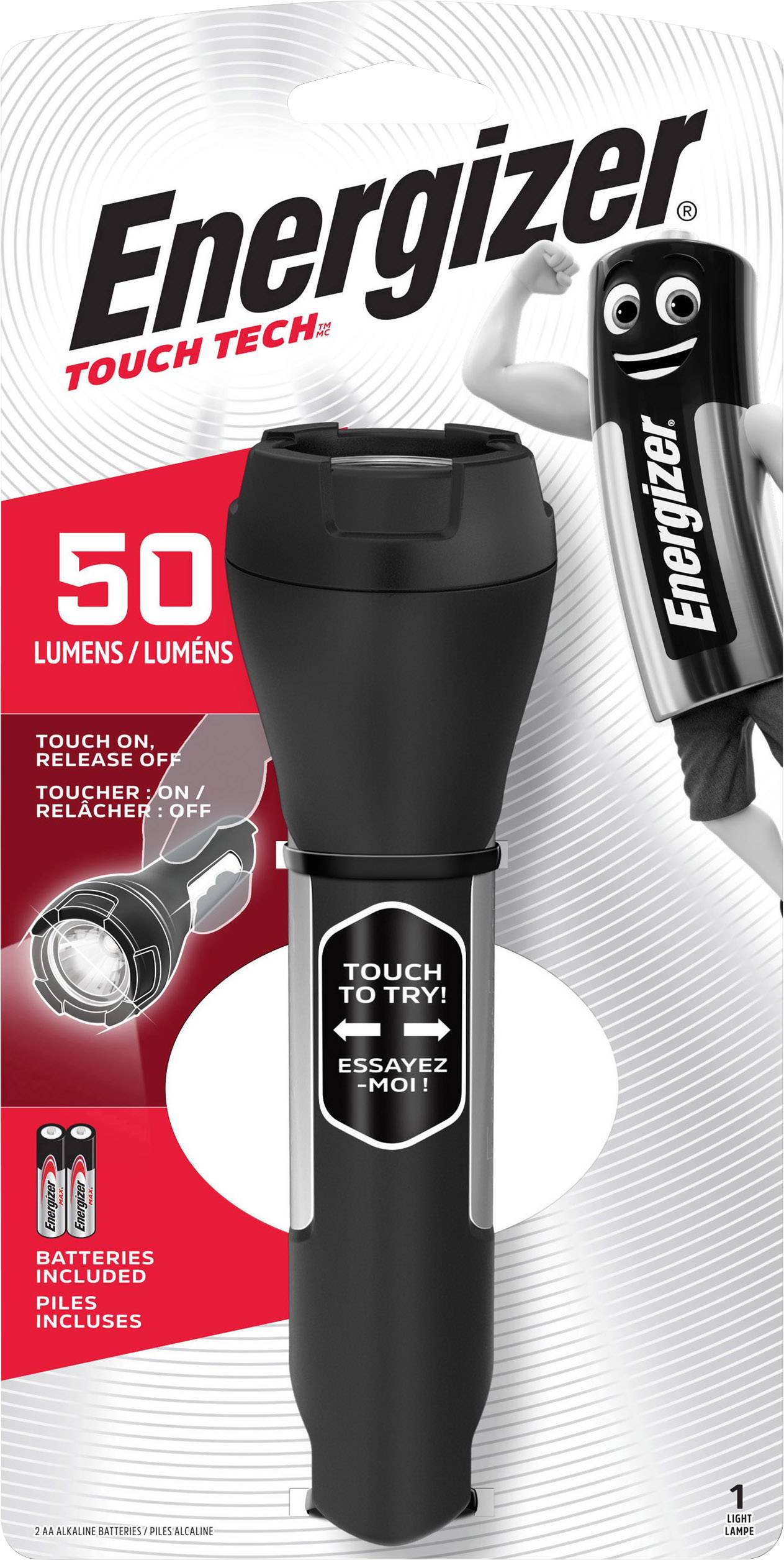 Energizer fekete zseblámpa érintésvezérléssel, 50 lumen teljesítménnyel. A csomagolás egy felemelt ökölű karaktert ábrázol.