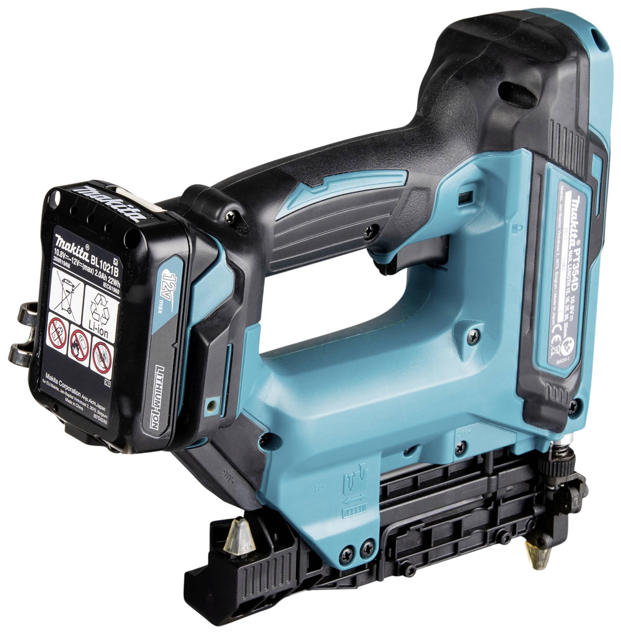 Akkumulátoros szögbelövő kék-fekete házban, alkalmas építési és faipari munkákhoz, ergonomikus markolattal és töltöttségi szintjelzővel.