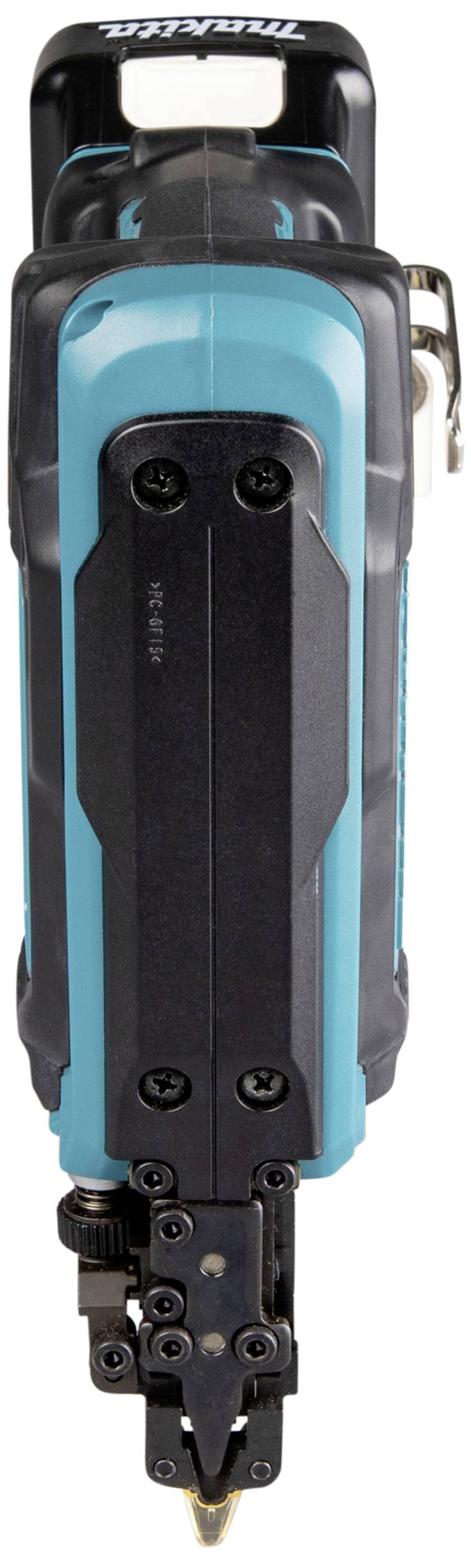 Egy fekete és türkiz színű, vezeték nélküli szögbelövő, függőlegesen elhelyezve. Tökéletes építőipari és kézműves munkákhoz.