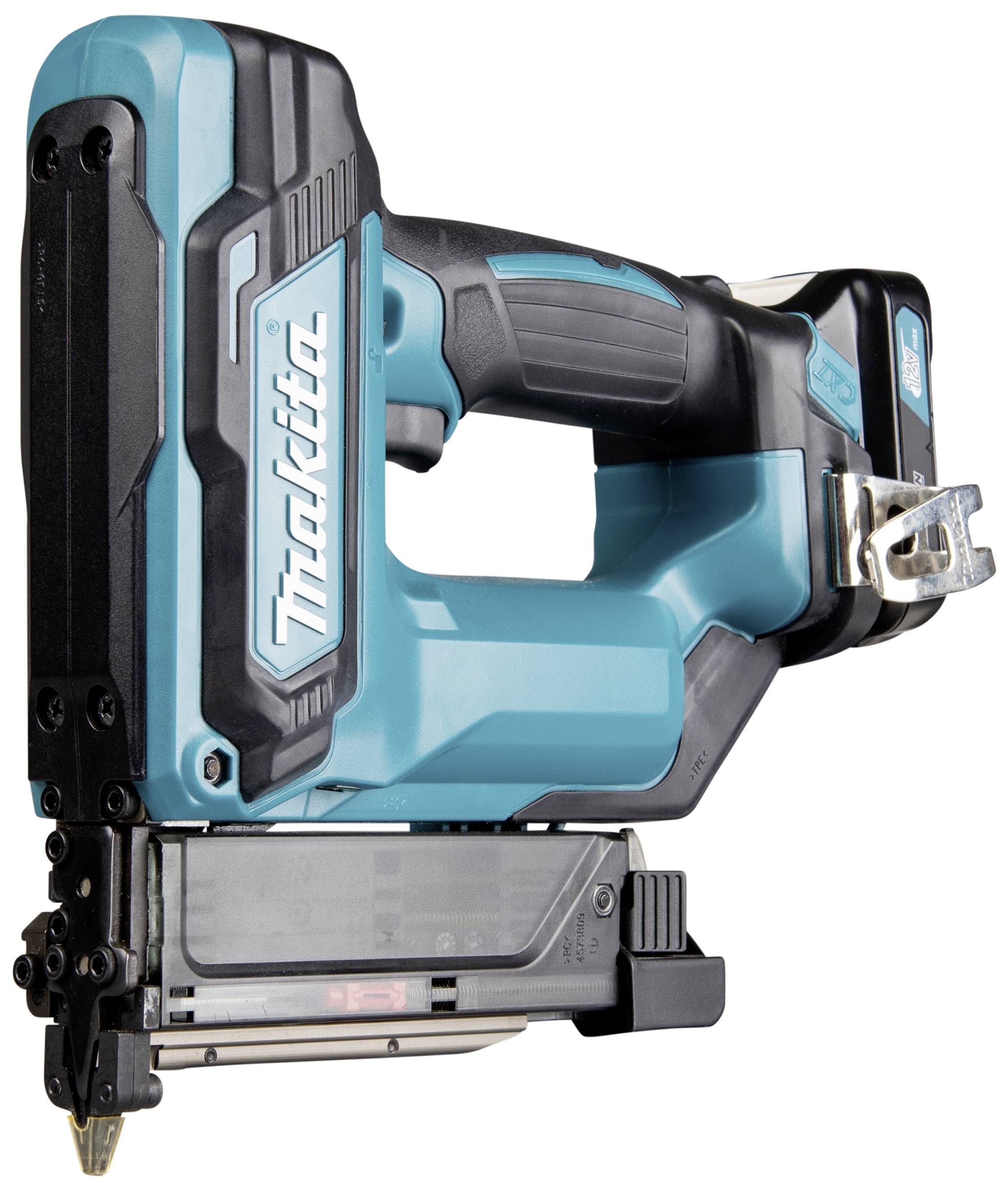 Makita kék és fekete akkumulátoros rögzítőpisztoly. Használható szögek beütéséhez fába vagy egyéb anyagokba.