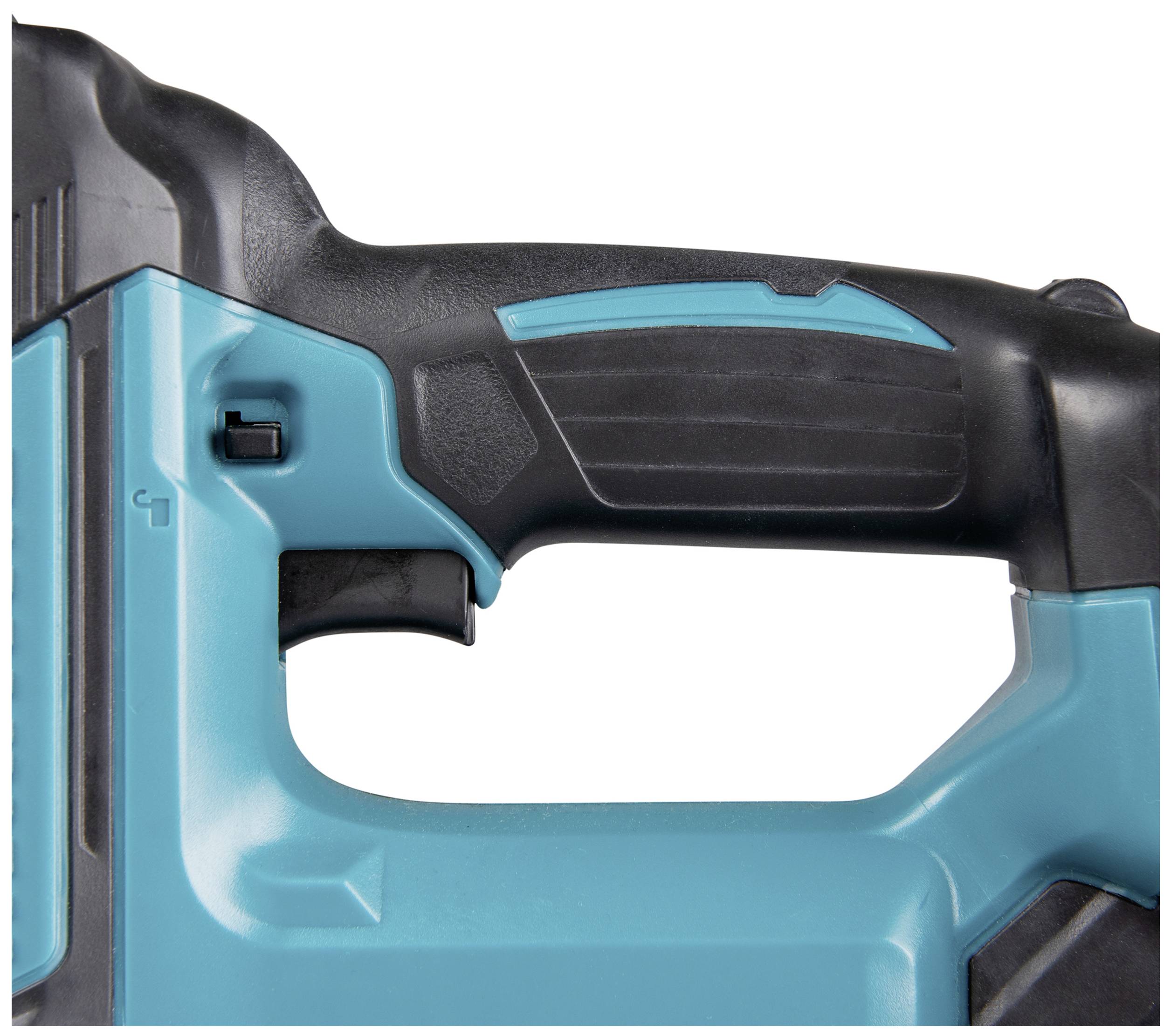 Egy elektromos szerszám részlete kék-fekete markolattal, amely ergonomikus kialakítású a jobb kezelhetőség érdekében.