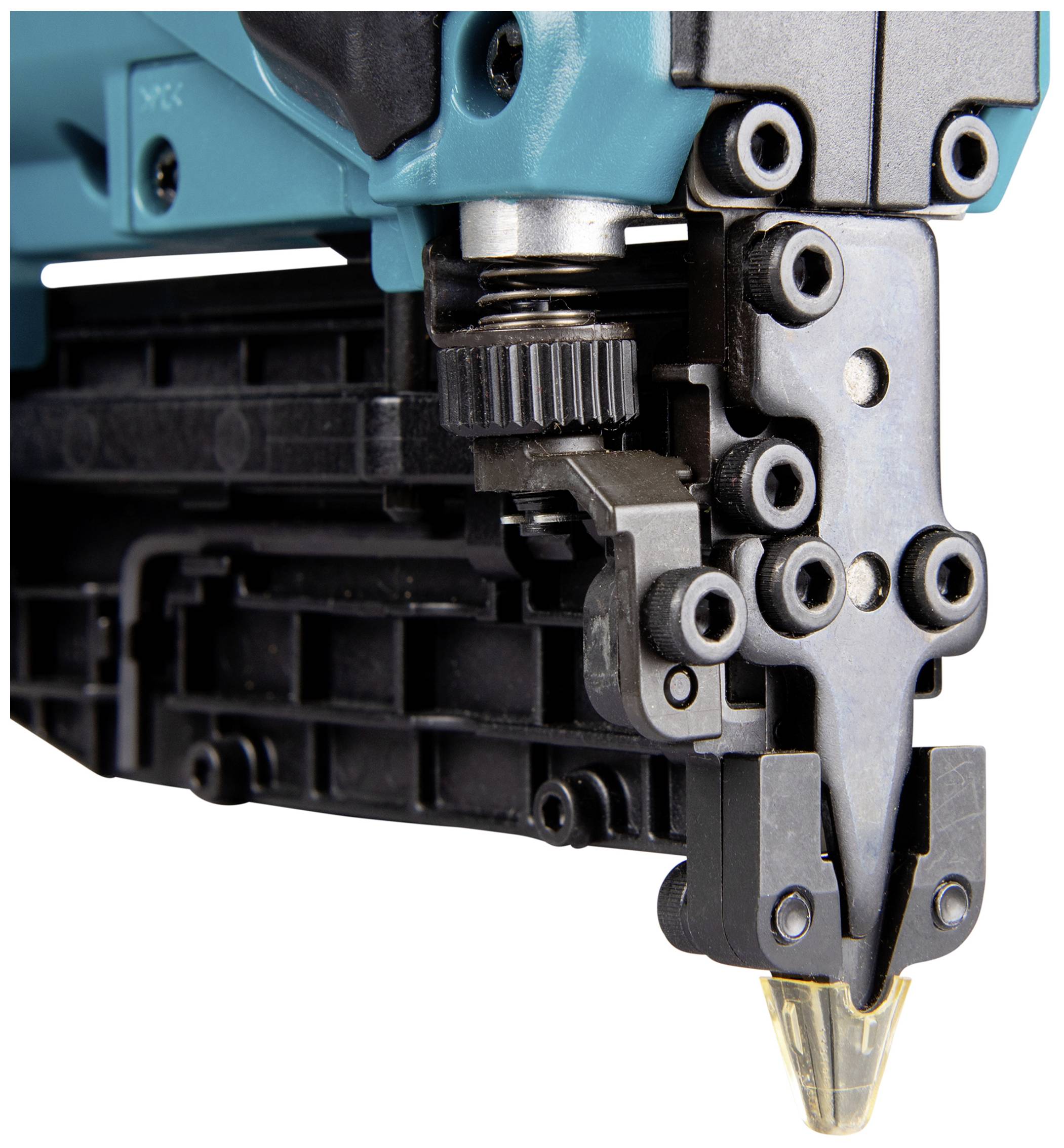 Egy közeli felvétel egy kék színű szögbelövő szerszámról, fém és fekete alkatrészekkel, különböző építőipari felhasználásra alkalmas.