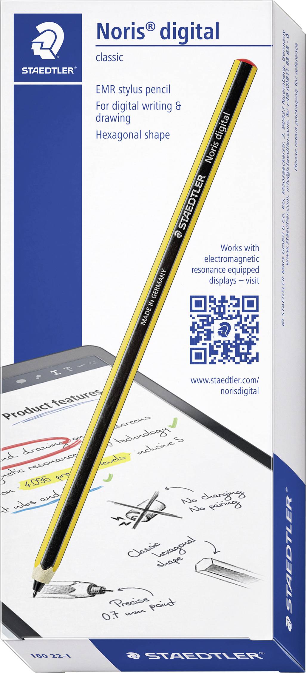 A 'Noris® digital classic' EMR-toll Staedtler csomagolása. Digitális írásra és rajzolásra alkalmas. Hatszögletű forma. Tartalmaz QR-kódot és webcímet.