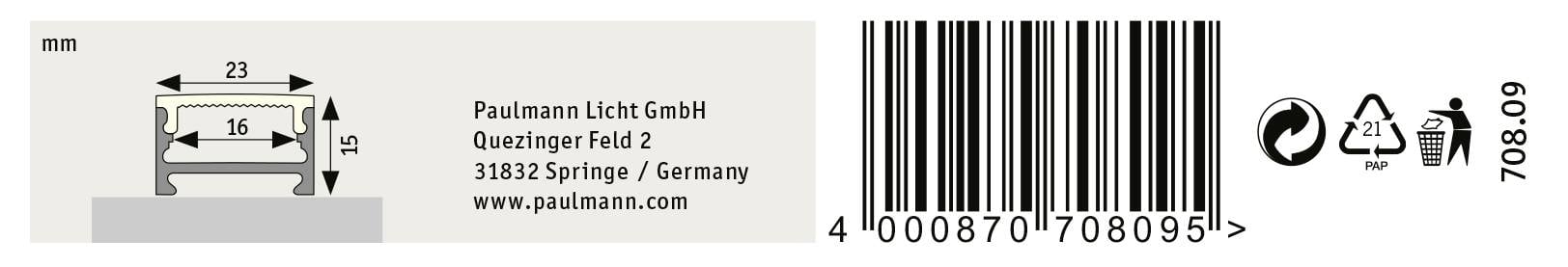 'Paulmann Licht GmbH' címadatok, vonalkód, csomagolási újrahasznosítási szimbólumok és termékméret: 23 mm szélesség, 16 mm mélység, 15 mm magasság.