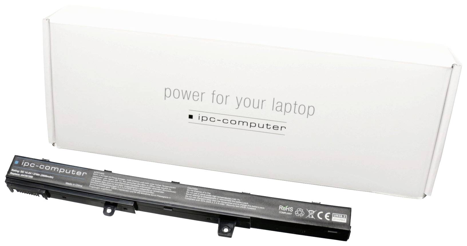 IPC-Computer laptop pótakkumulátor fekete színben, fehér csomagoláson a „power for your laptop" felirattal.