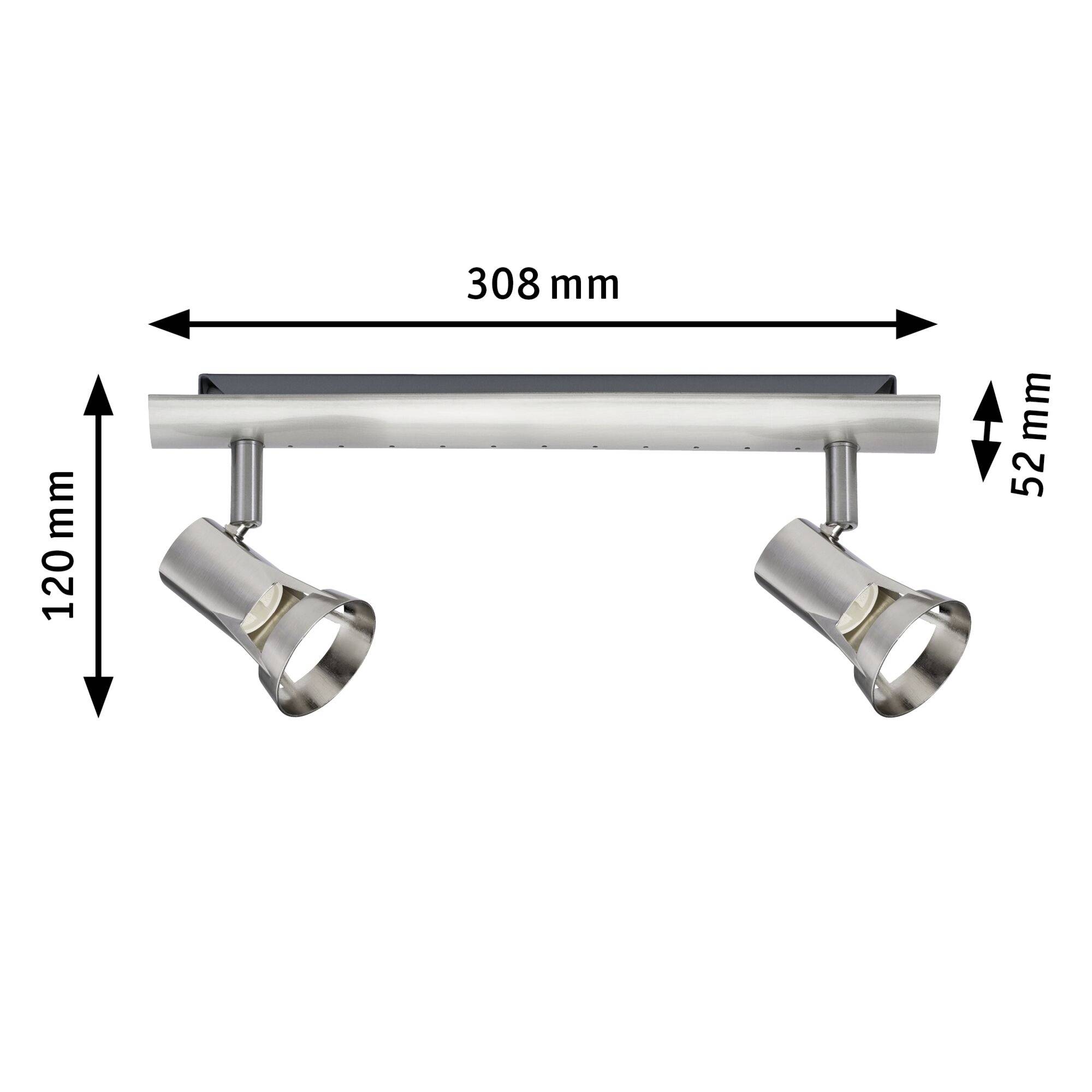 Két állítható mennyezeti lámpa fém kivitelben, rozsdamentes acél megjelenéssel, 308 mm széles, 120 mm magas. A nyilak a lámpa méreteit jelzik.