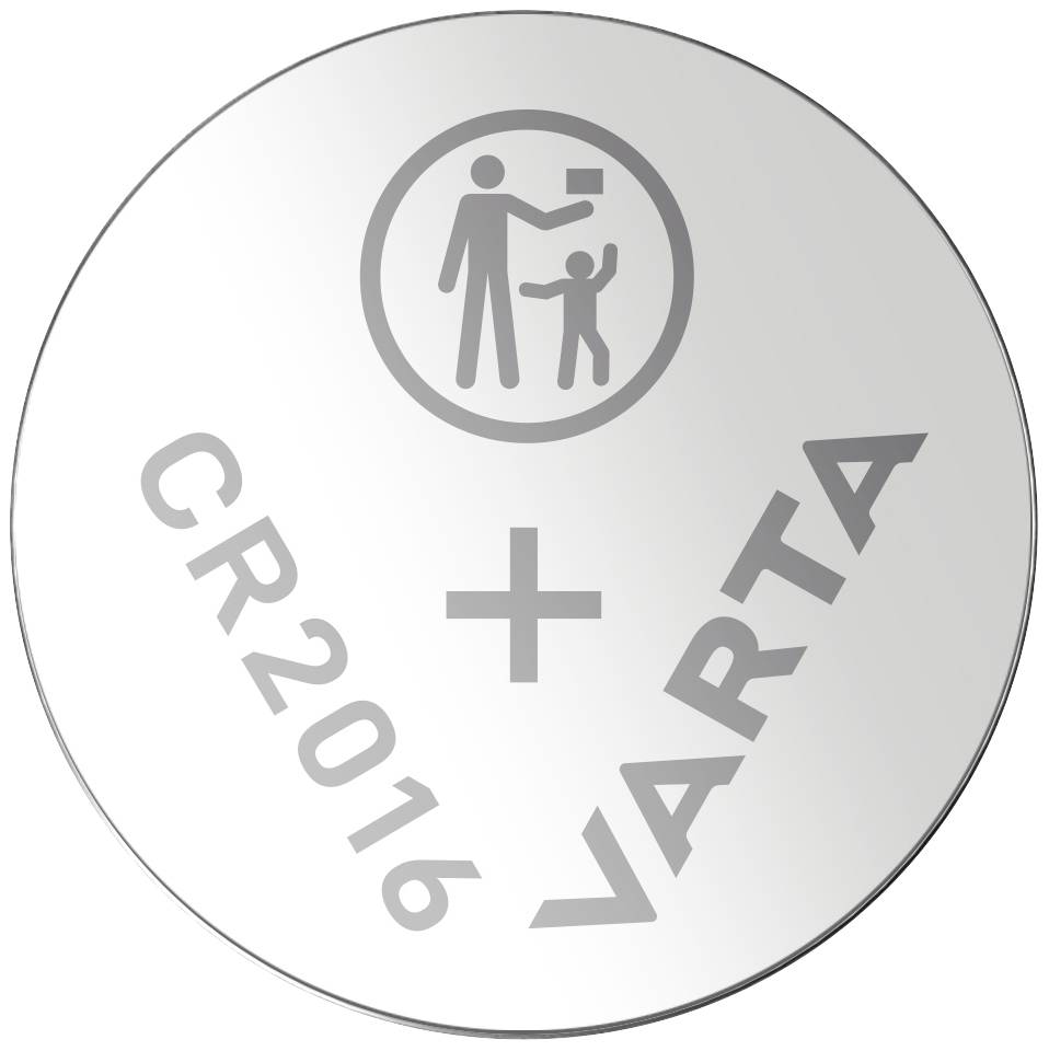 Kerek gombelem, amelyen a 'CR2016 VARTA' felirat látható. Szimbólum: Egy felnőtt tárgyat ad egy gyermeknek.