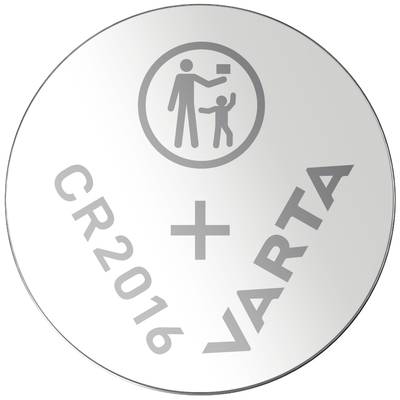 Kerek gombelem, amelyen a 'CR2016 VARTA' felirat látható. Szimbólum: Egy felnőtt tárgyat ad egy gyermeknek.