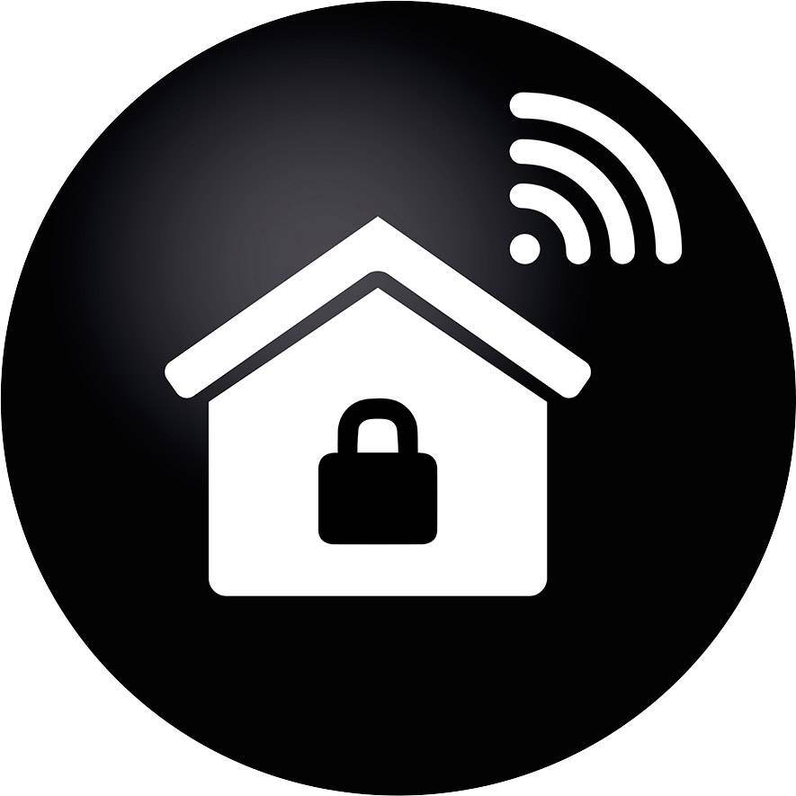 Egy ház szimbóluma zárral és WiFi-jellel, amely egy biztonságosan hálózatba kötött otthont ábrázol.