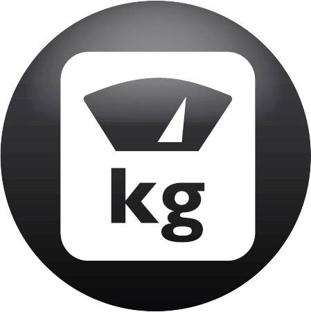 Fekete golyójelkép fehér négyzetben, benne egy stilizált mérleg és a 'kg' rövidítés, amely a kilogrammot jelöli.