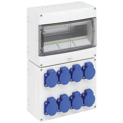 Elektromos elosztószekrény nyolc kék dugaljjal és egy átlátszó rekesszel felül. Ipari felhasználásra alkalmas.