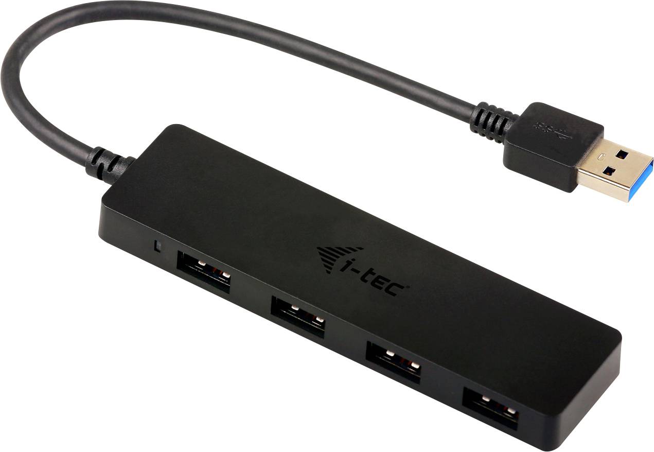 Fekete USB hub négy porttal és kábellel, az "i-tec" logóval.