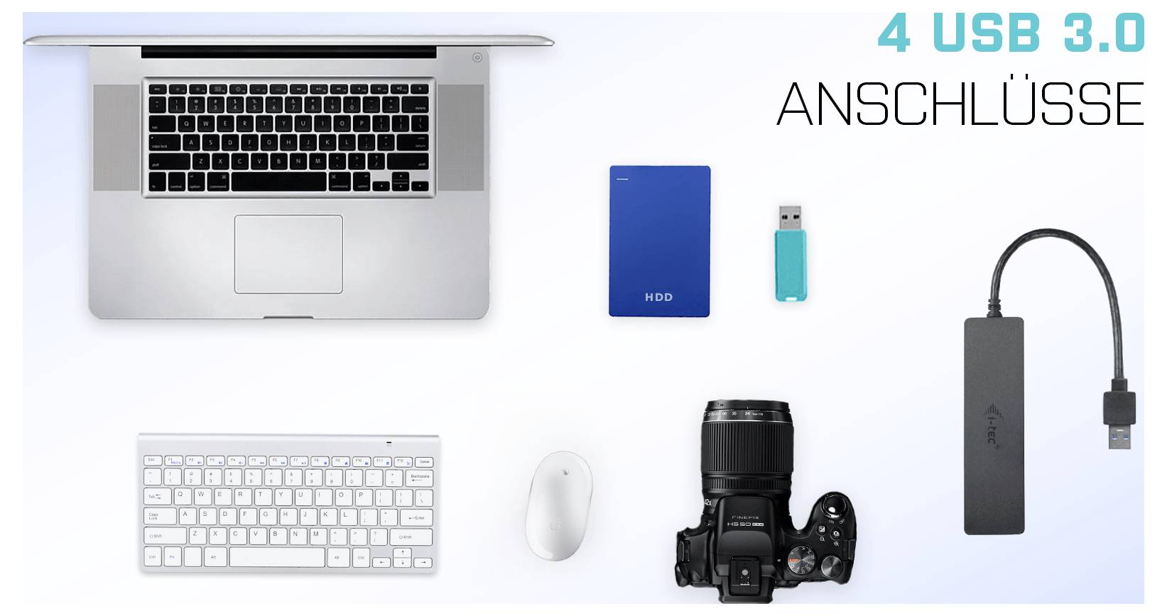 Laptopszámítógép külső merevlemezzel, kamerával, USB-pendrive-val, egérrel, billentyűzettel és USB-hubbbal; szöveg: "4 USB 3.0 port".