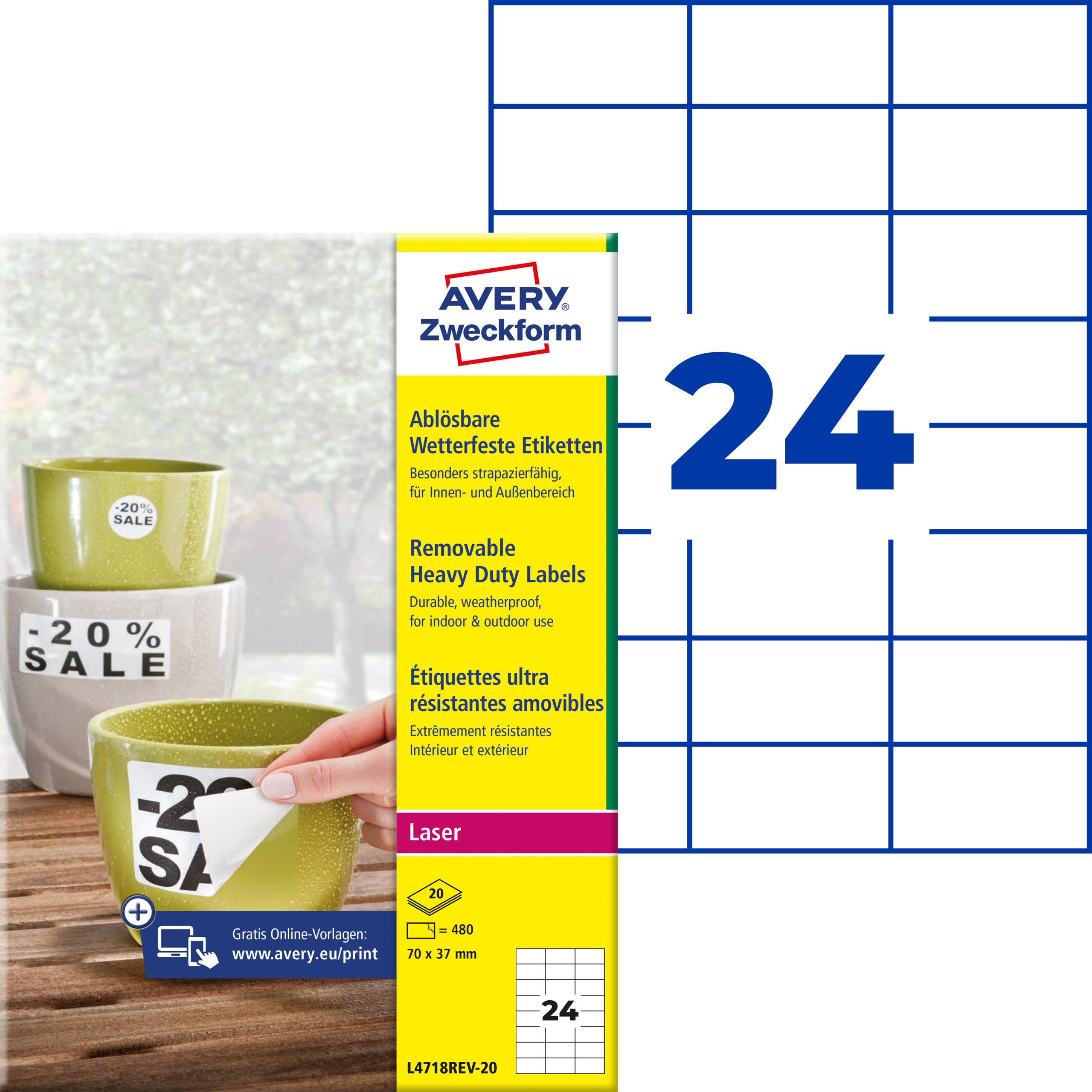 Avery Zweckform csomag eltávolítható, időjárásálló címkékkel. Lézernyomtatóhoz alkalmas, 20% kedvezmény a látható címkén.