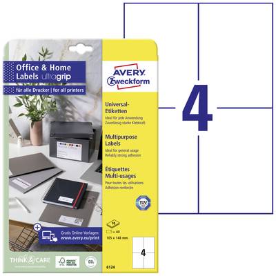 Avery-Zweckform 6124 105 x 148 mm Papír Fehér 40 db Véglegesen tapadó Univerzális etikett Tinta, Lézer, Másolat 10 lap
