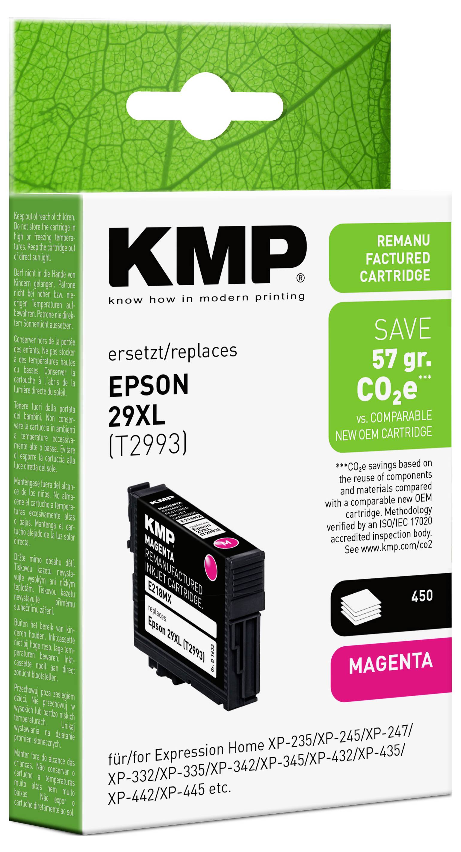 KMP felújított magenta Epson 29XL tintapatron csomag, amelyen a „57 g CO2e megtakarítás" felirat szerepel, kompatibilis az Epson Expression Home XP nyomtatómodellek-kel.
