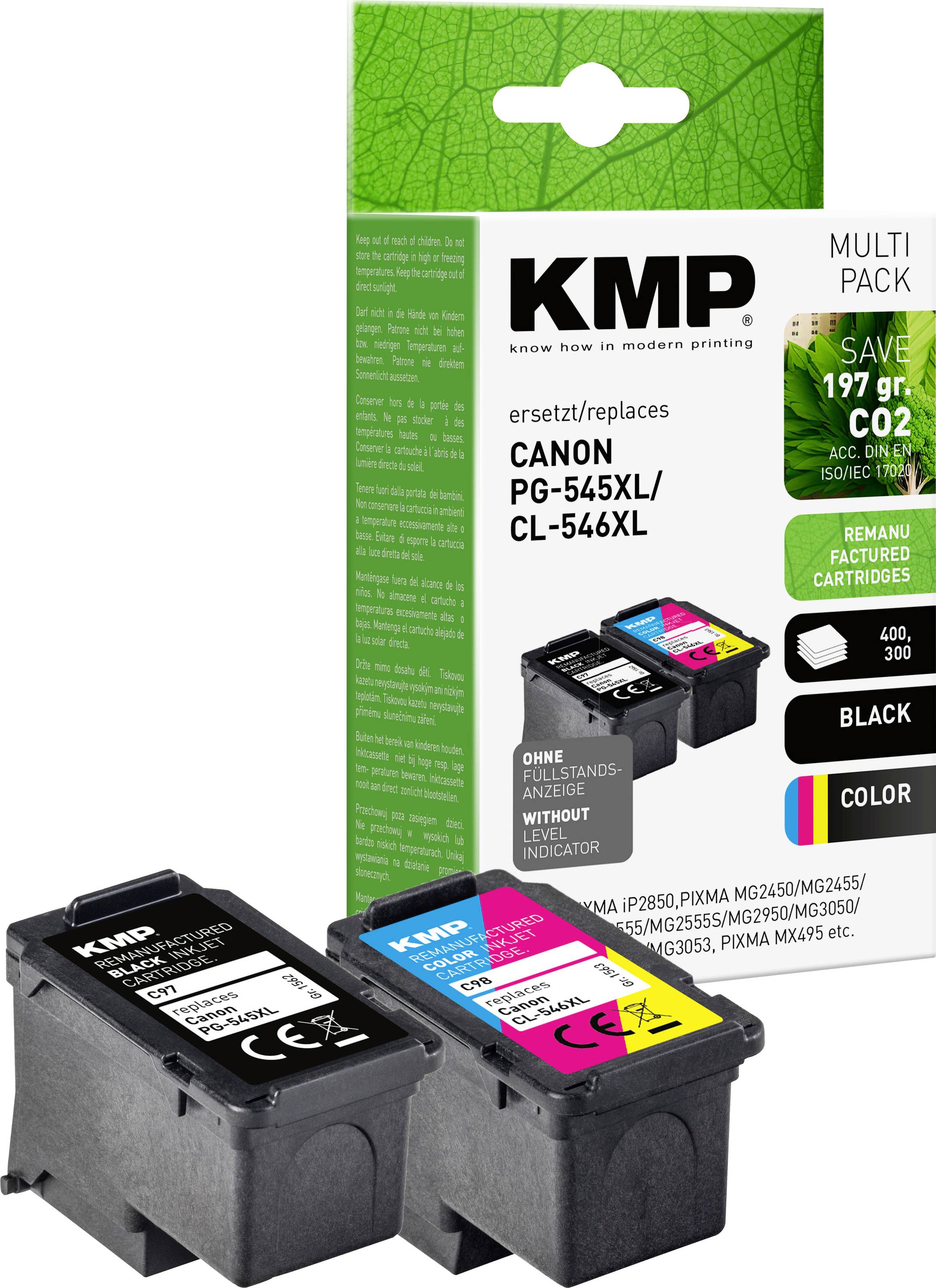 Canon PG-545XL/CL-546XL tintapatron multipack fekete és színes patronokkal, amely 197g CO2 környezetkímélő megtakarítást mutat.