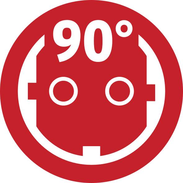 Egy piros dugasz szimbólum, amelyen a '90°' felirat szerepel, amely egy speciális elektromos csatlakozásra vagy pozícióra utalhat.