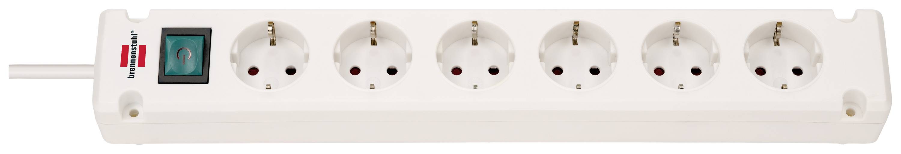 Fehér, hat csatlakozóhellyel rendelkező elosztó, amelynek bal oldalán egy zölden világító be- és kikapcsoló gomb található.