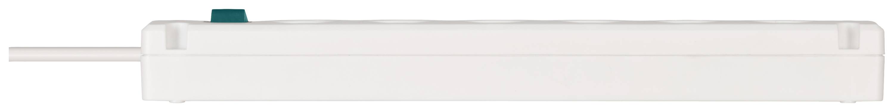 Fehér elosztó több csatlakozóval és egy zöld kapcsolóval.