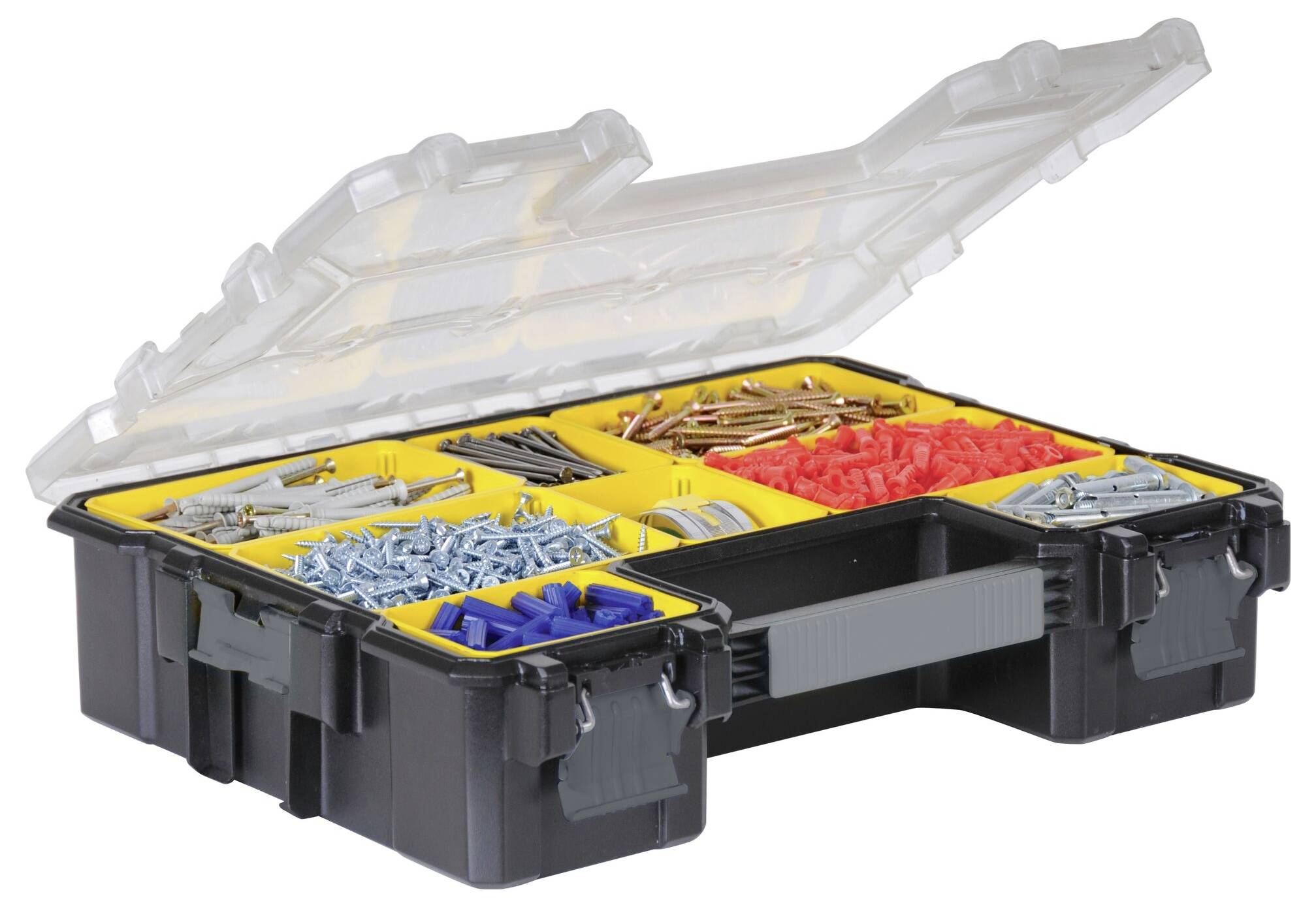 Egy nyitott rendszerező doboz sárga rekeszekben elhelyezett különböző csavarokkal, szögekkel és tiplikkel, tárolás és rendszerezés céljából.