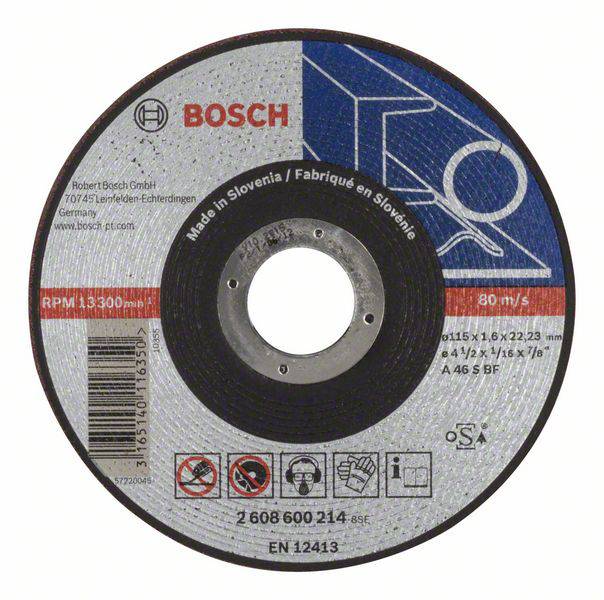 Bosch márkájú csiszolótárcsa, max. 13.300 ford/perc, Made in Slovenia. Alkalmas fémek megmunkálásához, 80 m/s sebesség, 115 mm átmérő.