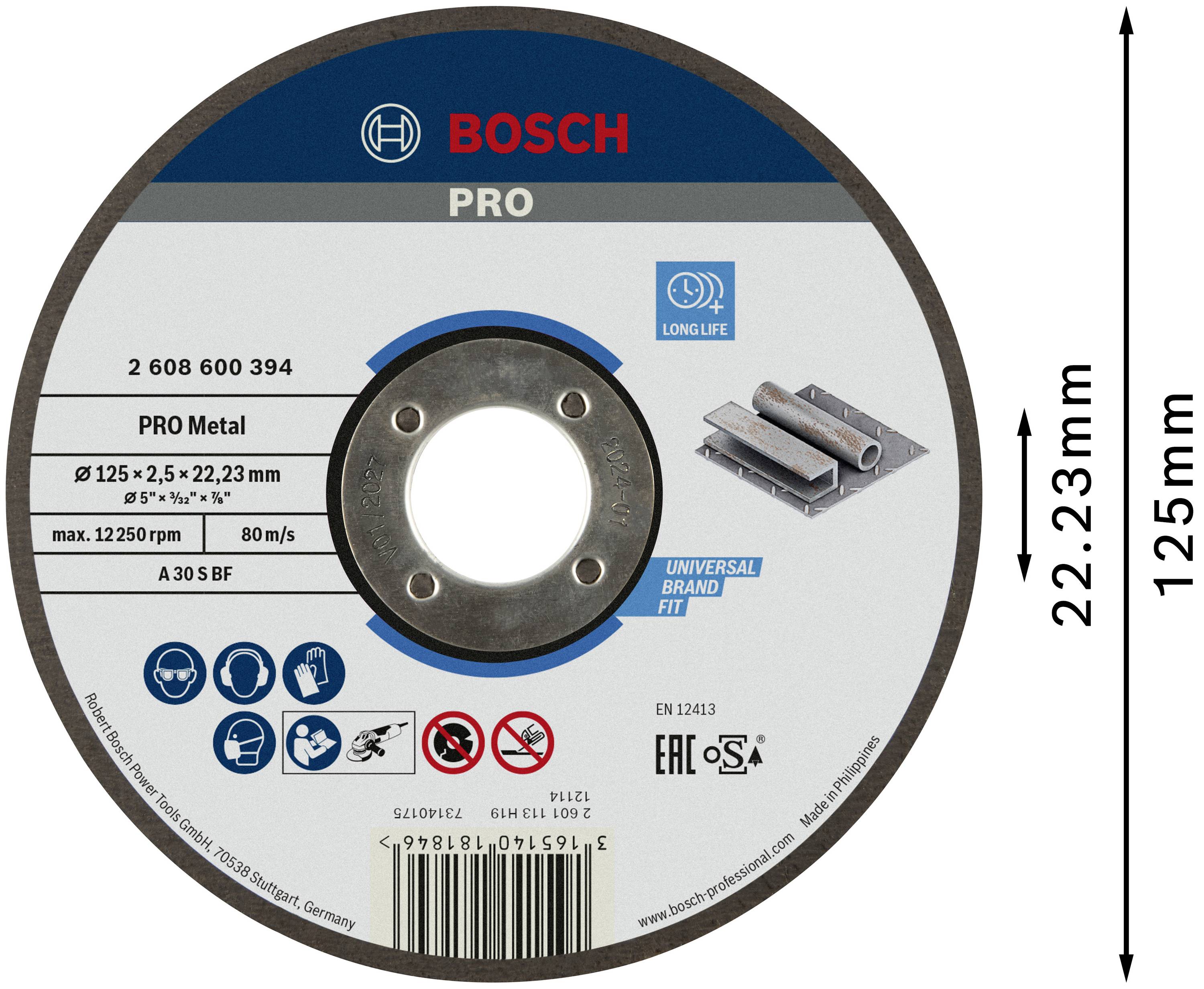 Bosch csiszolótárcsa 'PRO Metal' jelöléssel, átmérő: 125mm, fémfeldolgozáshoz, használati útmutatóval és biztonsági jelzésekkel együtt.