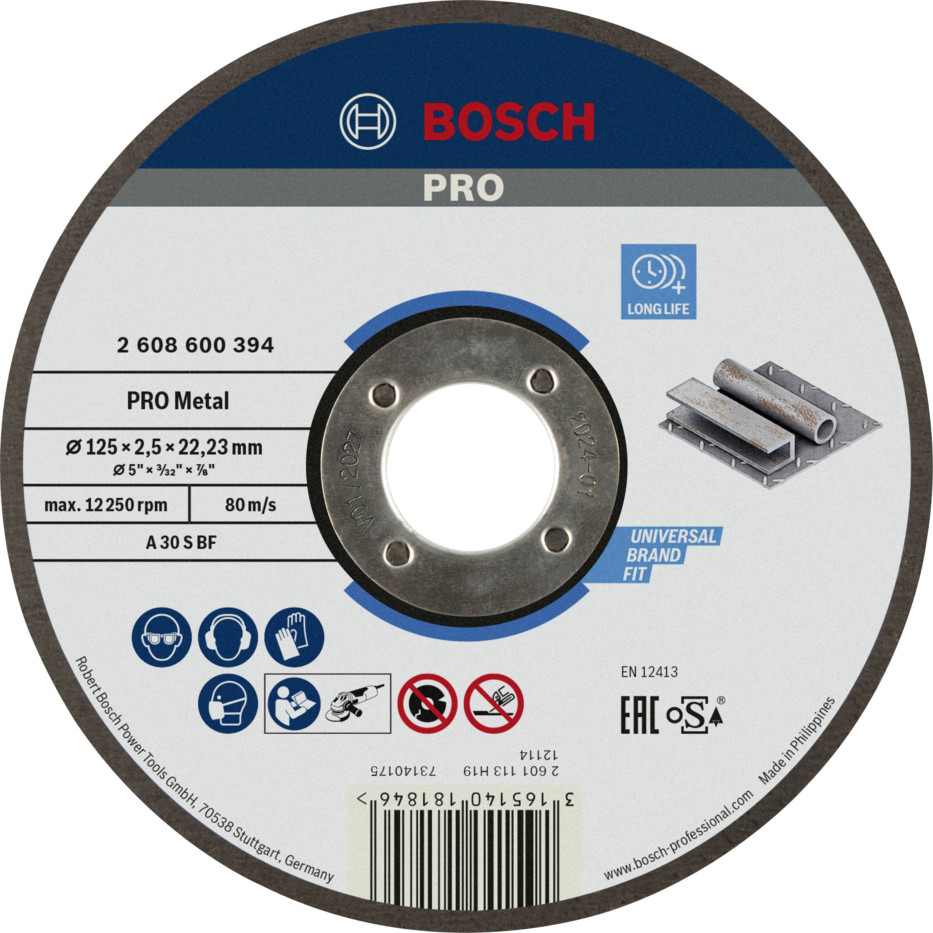 Bosch fémcsiszolókorong, 125 mm, max. 12.250 ford./perc, 'Long Life' funkcióval. Különböző csiszológépekhez alkalmas.