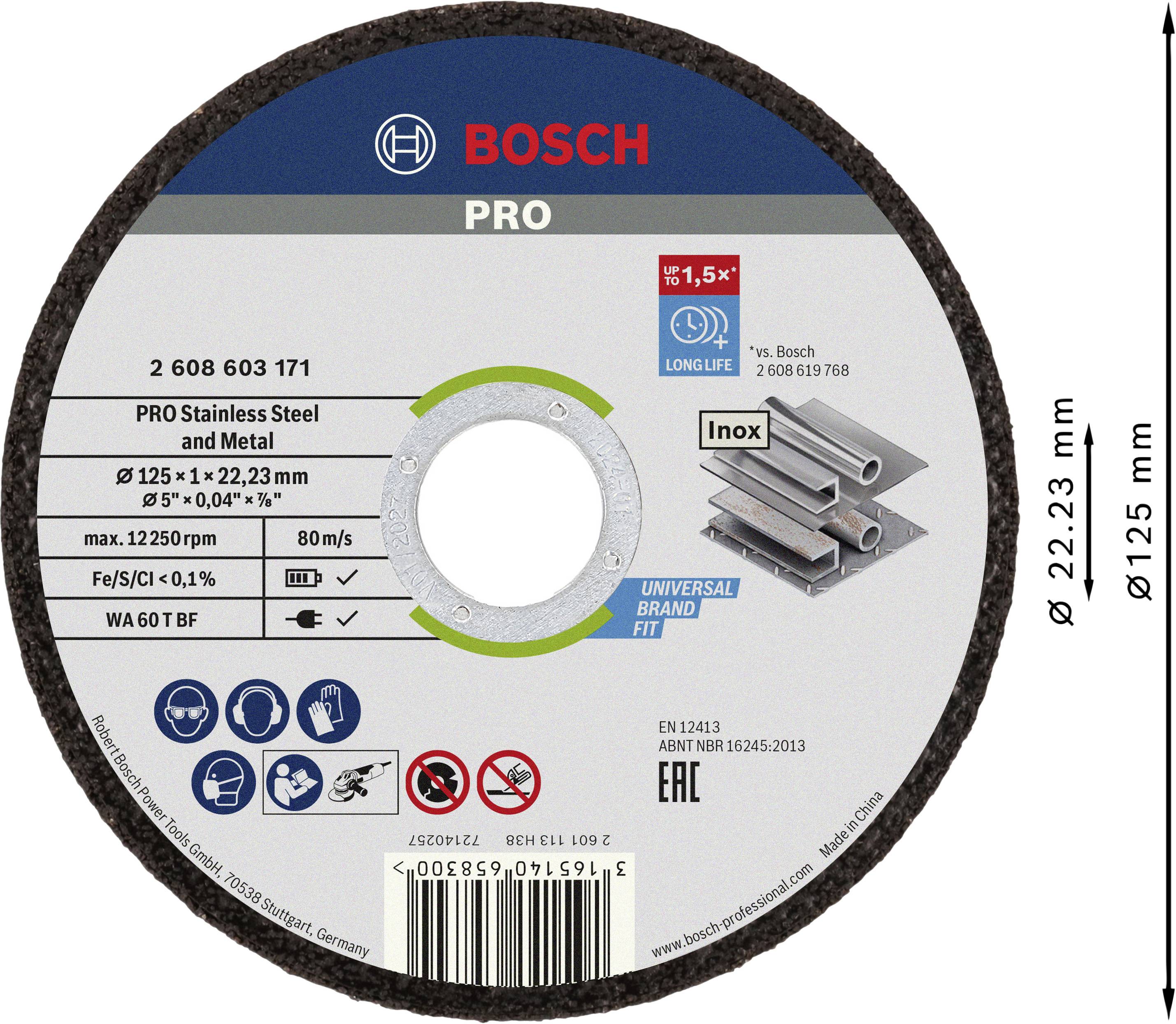 Csiszolókorong Bosch logóval, alkalmas rozsdamentes acélhoz és fémhez. Átmérő: 125 mm. Vágási sebesség: 80 m/s. Termékfotó és műszaki adatok.