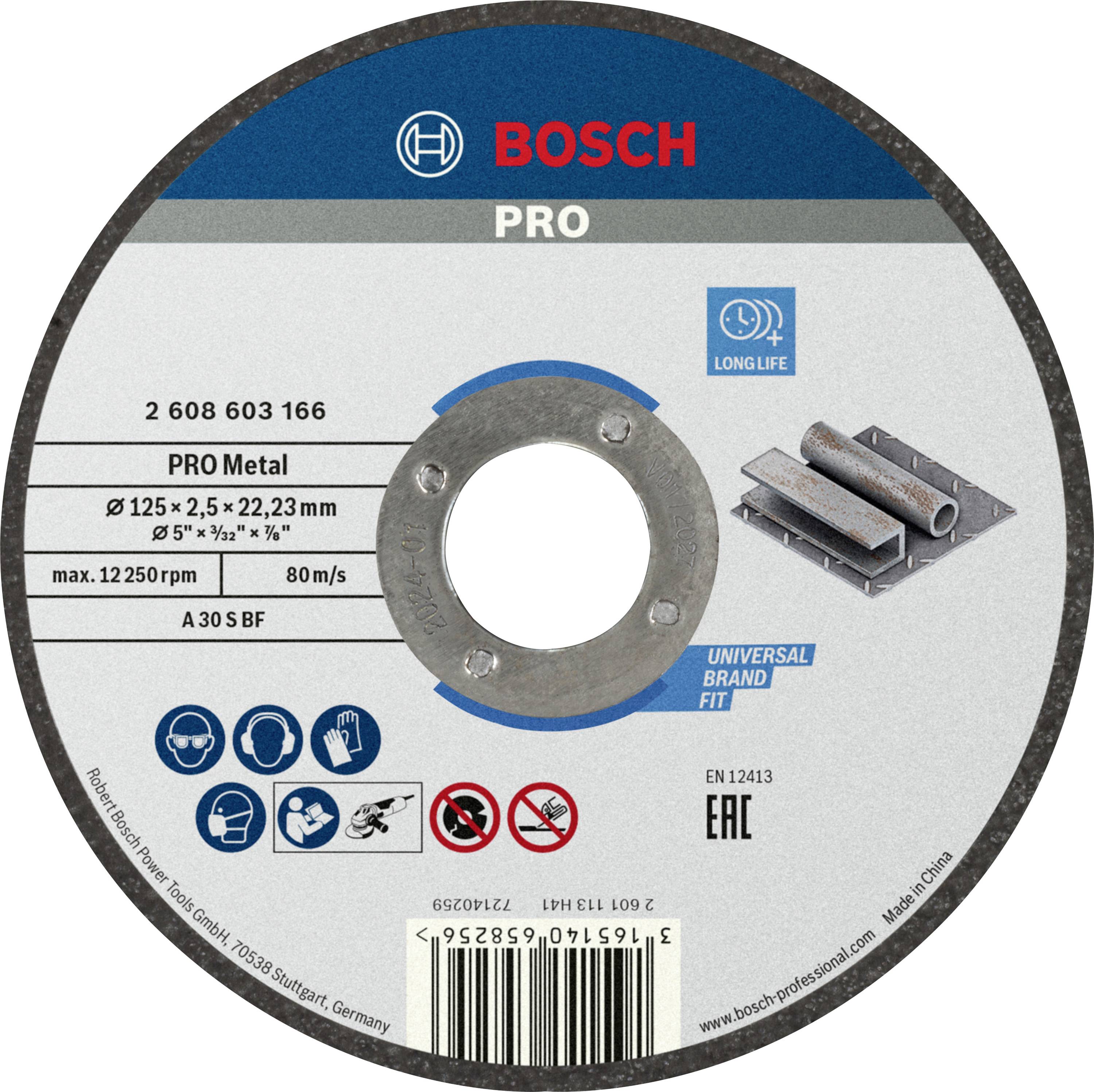 'Bosch PRO csiszolótárcsa fémekhez, 125 mm átmérő, 22,23 mm-es furat, max. fordulatszám 12.250 ford/perc, hosszú élettartamra tervezve.'