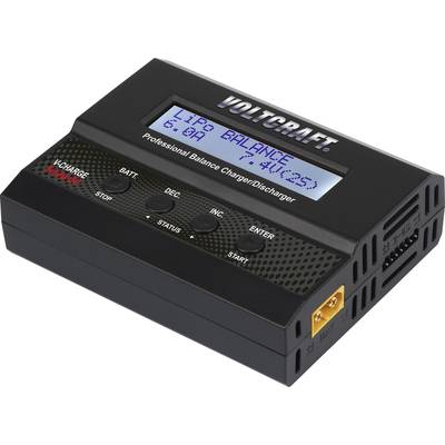 Kijelzős akkumulátortöltő 'LIPO BALANCE' felirattal, feszültség 6.0A, 7.4V (2S), 'VOLTCRAFT' márka, fekete, kezelőgombokkal.